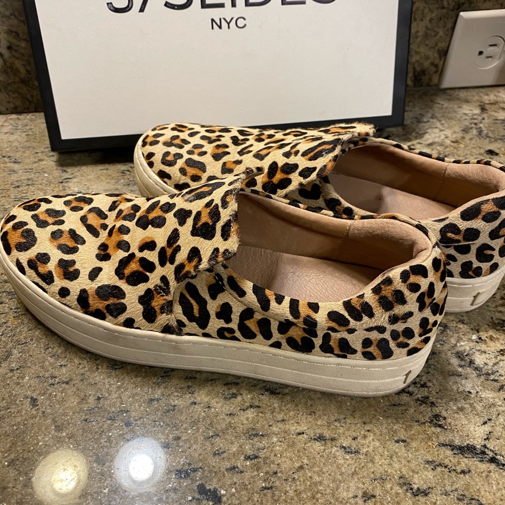 J/Slides NYC Harry Leopard Pony Hair Leather Slip On Sneakers Womens 8.5